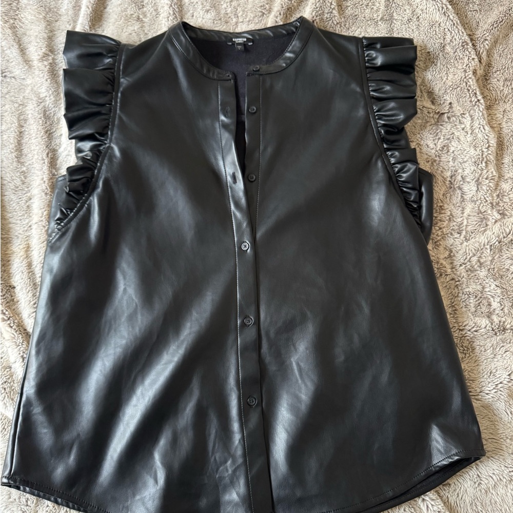 Black Faux Leather Ruffle Sleeve Top